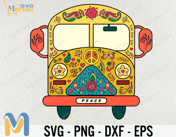 Hippie Bus with Peace Sign and Flowers, Hippie Bus Svg, Svg, Cricut, Flowers