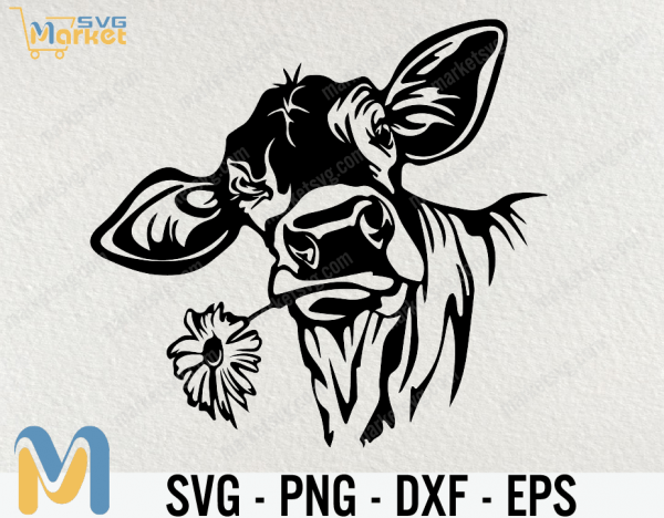 Vector COW with flower, calf, head, AI, PNG, eps, pdf, svg, dxf, jpg, svg cow, graphical image Art Print, heifer, muzzle, funny