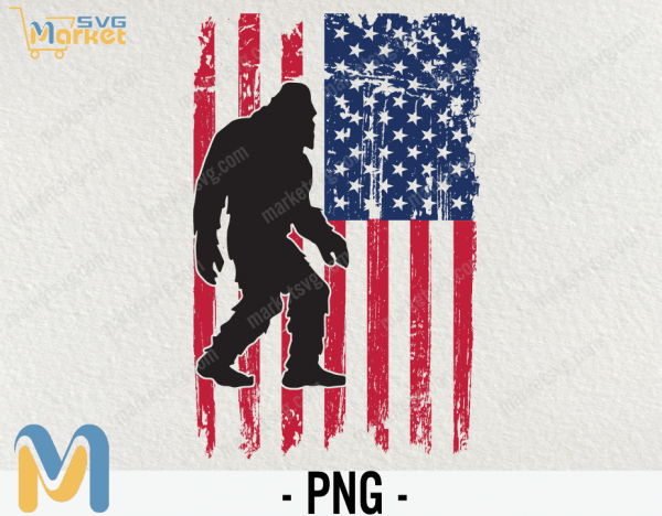 American Flag Bigfoot PNG, Transparent Patriotic Sasquatch Yeti USA Commercial Use Graphic Clipart