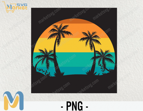 Retro Vintage Sunset Beach Palm Tree, PNG, Retro Vintage Sunset PNG