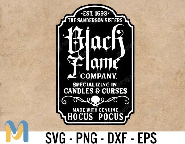 Black Flame Company Label Parody svg, Vers. 2, Sanderson Witches Witch Halloween Candles Curses Candle Skull print waterslides sublimation