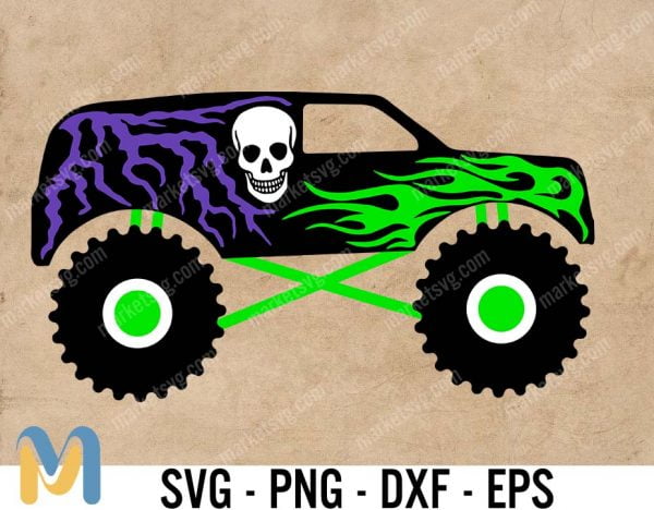 Car/Automotive Clipart: Layered Black Monster Truck, White Skull, Green Flames, Purple Lightning, Like Grave Digger, Digital Download SVG