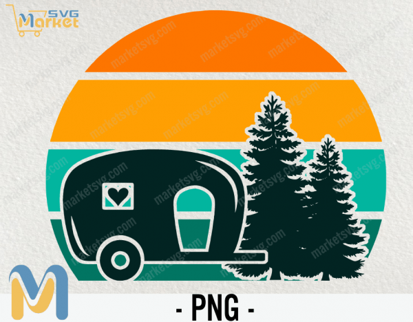 Retro Sunset PNG, Camper PNG, Camper Heart Window Retro Sunset PNG, Clipart, Camping Trees Commercial License Graphic