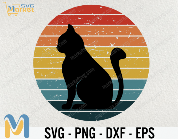 Cat Retro SVG, Retro Cat SVG Sunset, Cat svg, Kitten svg, Cat lover svg, Cat cut file, kitty svg, cute cat svg, black cat svg, cat silhouette for lovers