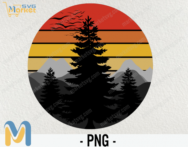 Retro Pine Tree PNG, Sunset 70's 80's PNG, Tree Sunset shirt, Vintage Christmas Tree PNG