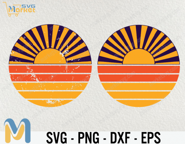Retro Purple Yellow Sunrays Sunset SVG, Cut Files, Clipart, Lake Water Beach Camping Sunrise Commercial Print on Demand Graphics