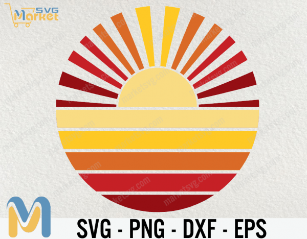 Retro Sun Rays Full Circle Sunset SVG, Cut File, Clipart, Cricut, Sun Rays Orange Tan Yellow Red Commercial License Graphic