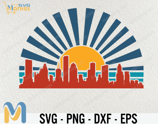 Houston Texas Cityscape Retro Sunset PNG SVG Cut File Clipart Cityscape Skyline Commercial License Print on Demand Graphic