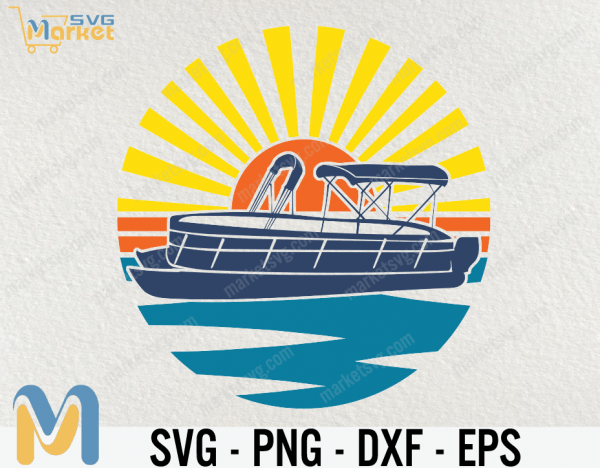 Pontoon Boat Retro Sunset SVG, Clipart, Lake Ocean Water, Waves Sun Rise Commercial License Graphic