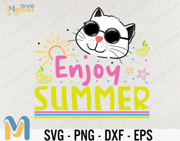 Enjoy Summer Svg, Cat Svg, Animal Svg, cricut File, clipart, Svg, Png, Eps, Dxf