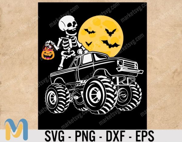 Halloween Skeleton Riding Monster Truck SVG, Halloween SVG, Funny Skeleton Tees , Shirt For Halloween, Gift For Child, Gift For Birthday Child