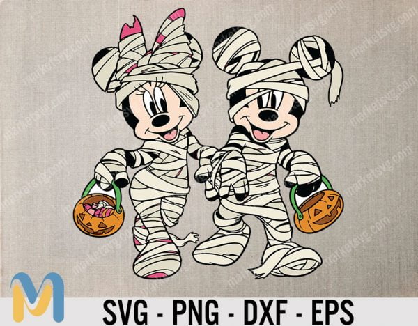 Mummy Couple, Mickey and Minnie Mummy Boo Face SVG, Disney Halloween SVG, Disney Digital Cut Files in svg, dxf, png and jpg, Printable Clipart
