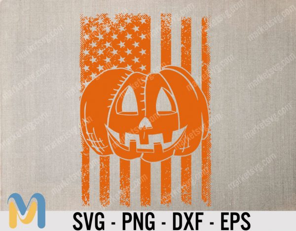 Halloween USA Flag Pumpkin SVG, Patriotism Tee, Funny Halloween SVG, Jack O lantern, Pumpkin face SVG, Scary Halloween