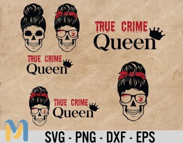 True Crime Queen, Momlife svg, mom skull svg, messy bun classy afro woman svg - Printable, Cricut & Silhouette