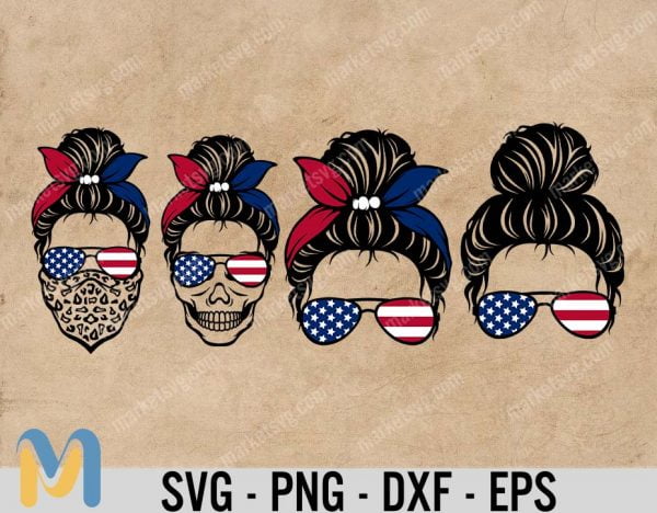 Messy Bun Svg, America Flag Skull Svg, Momlife svg, mom skull svg, messy bun classy afro woman svg - Printable, Cricut & Silhouette