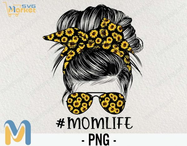 Sunflowers PNG,  Mom Life PNG,  Mom Skull Bun Hair Sunglasses Headband,  Mom Life PNG Sublimation,  Design Downloads, Commercial Use