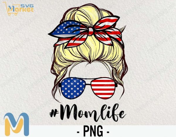 Red White and Blue America PNG,  Messy Bun Hair PNG, Sunglasses Headband, 4th of July PNG, Sublimation, Commercial Use