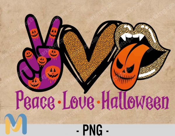 Peace Love Halloween Sublimation PNG Design, Halloween PNG, Pumpkin Png, Pumpkin Halloween png, Peace Love Halloween png