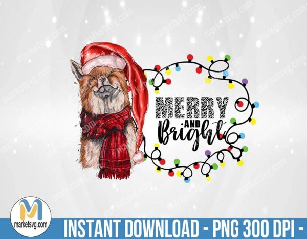 Christmas Merry and Bright Fox Clipart, Sublimation Png, Sublimation, PNG File, PNG, CP437