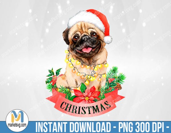 Christmas Pug PNG, Dog with Santa Hat, Sublimation Png, Sublimation, PNG File, PNG, CP476