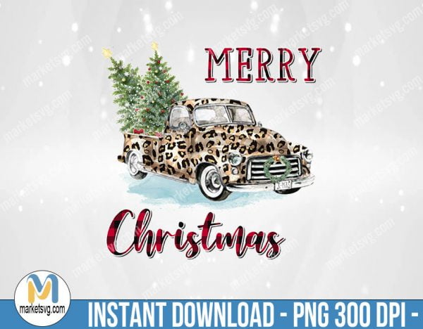 Merry Christmas Tree on Leopard Truck, Sublimation Png, Sublimation, PNG File, PNG, CP484