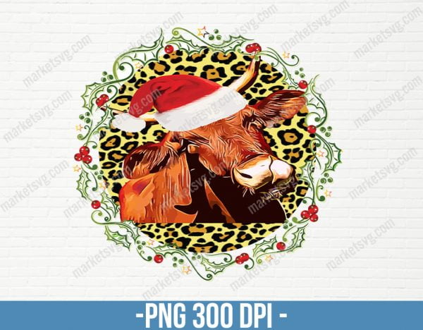 Cow in Santa Hat, Christmas Wreath, Cow in Santa Hat Watercolor Christmas clipart, instant download, Sublimation graphics, PNG, CP59