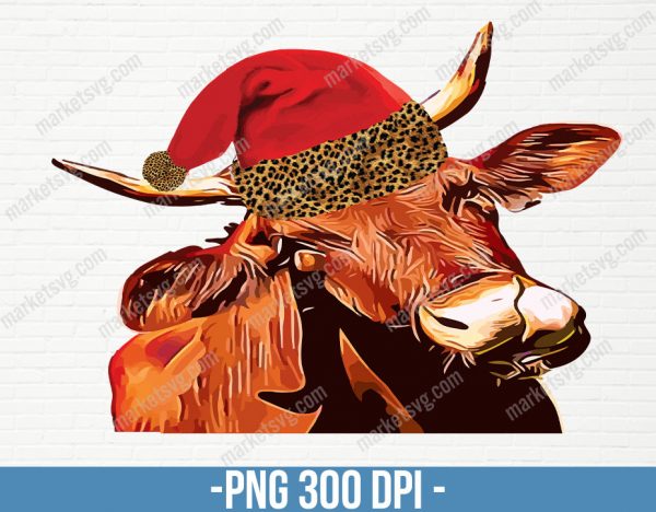 Cow in Santa Hat, Christmas Wreath, Cow in Santa Hat Watercolor Christmas clipart, instant download, Sublimation graphics, PNG, CP60