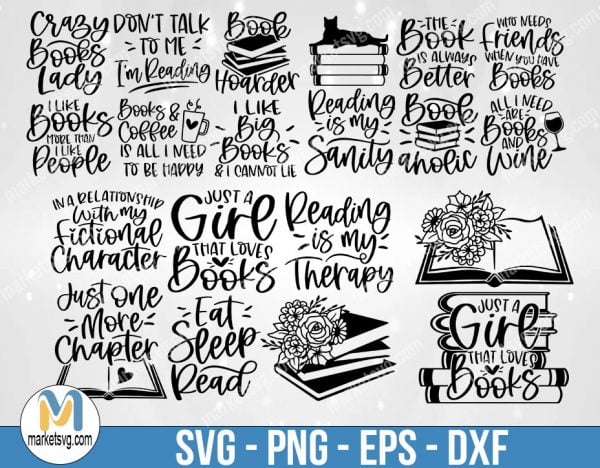 Book Reading SVG Bundle, Book svg, Reading svg, Book Lover svg, Book Quotes svg, Library svg, Book Reader Svg, Dxf, Png, B510