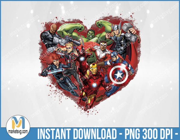 Marvel Avengers Heart Group Shot Valentine Graphic, Valentine PNG, Sublimation, png file, VP29