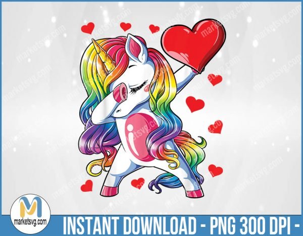 Dabbing Unicorn Heart Valentines Day Girls Kids Rainbow Gift, Valentine PNG, Sublimation, png file, VP4