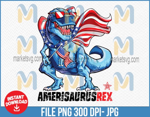Dinosaur 4th of July T Rex Amerisaurus American Flag, 4th of July PNG, July 4th PNG, Fourth of july, Independence Day, Patriotic PNG, JL9