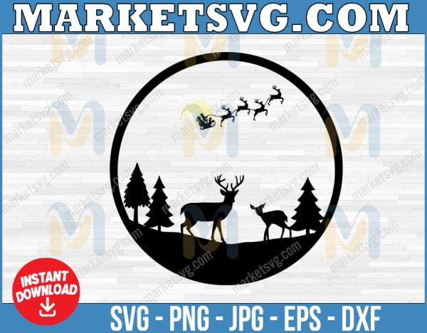 Christmas Moon SVG, Deer Mountain Forest Scene svg, Winter Silhouette, Crescent Snowflake Clipart Jpg Png