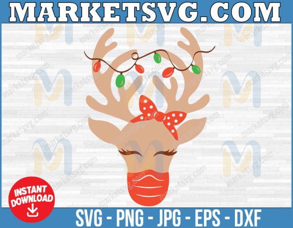 Reindeer Face with Mask SVG Cute Girl Reindeer Face with Holly Berries Bow and Face Mask Svg Dxf Cut Files for Cricut and Silhouette Clipart