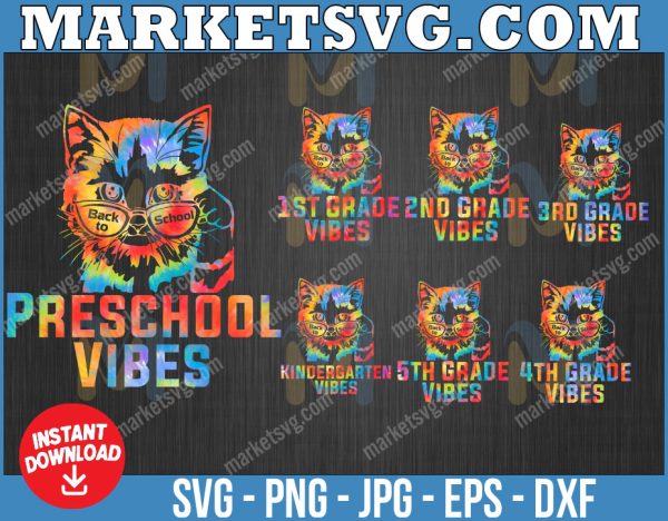 Back To School Bunle 5 Grades Vibes Colorful Cat Girl Eyes PNG, Love Cat PNG, Back to school Png, Jpg, Instant Download