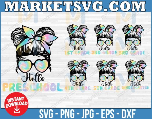 Afro Black Girls Hello Bundle 7 Grades Messy Bun Tie Dye PNG, First Day Of School, Back To School png, jpg, Instant download